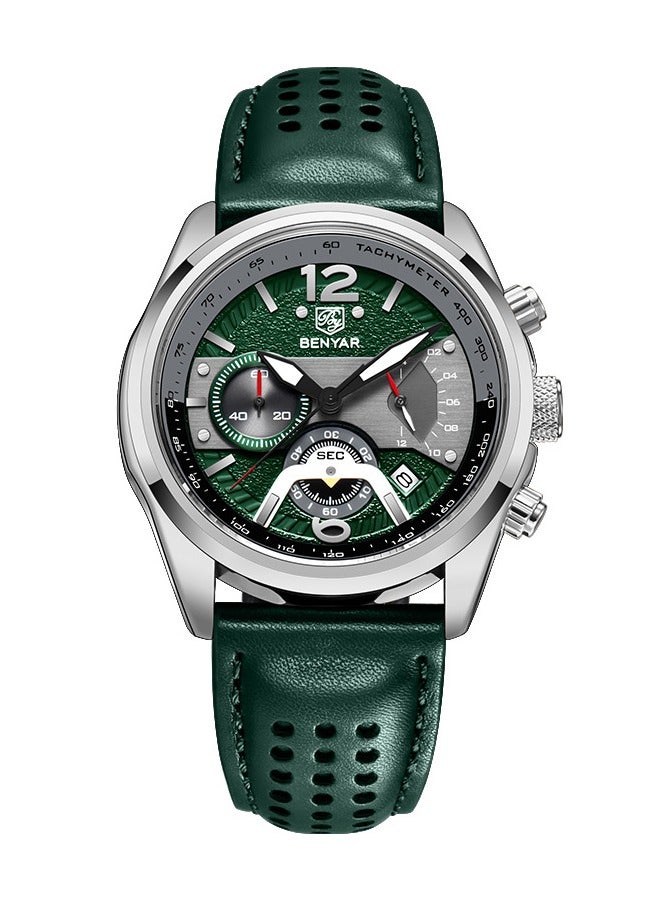 BENYAR Watches for Men Luxury Quartz Water Resistant Watch Men's Chronograph Genuine Leather Strap 5171 Green - Image 1
